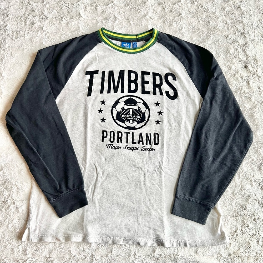 Portland Timbers Shirt Tee Mens XL Gray Black Spell Out Soccer MLS Adidas Raglan